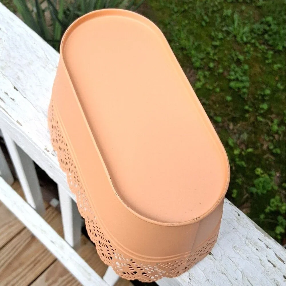 369 Peach Decorative Metal Oval Basket Scalloped Edge Planter Bathroom Kitchen